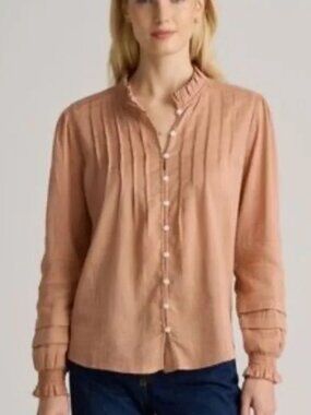 Quince Organic Textured Cotton Peasant Blouse Large L Terra Cotta